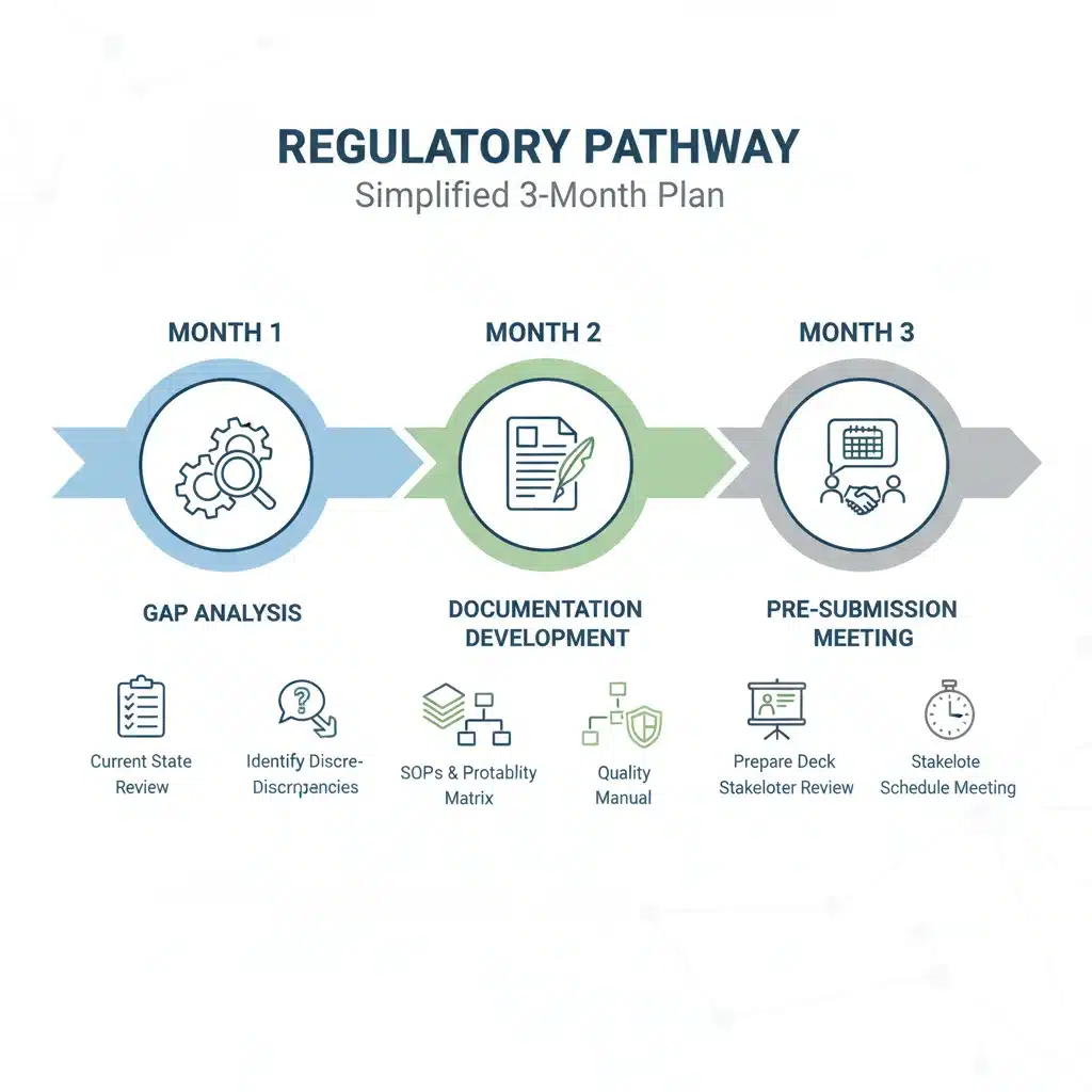 Infographic outlining a 3-month action plan for FDA AI compliance