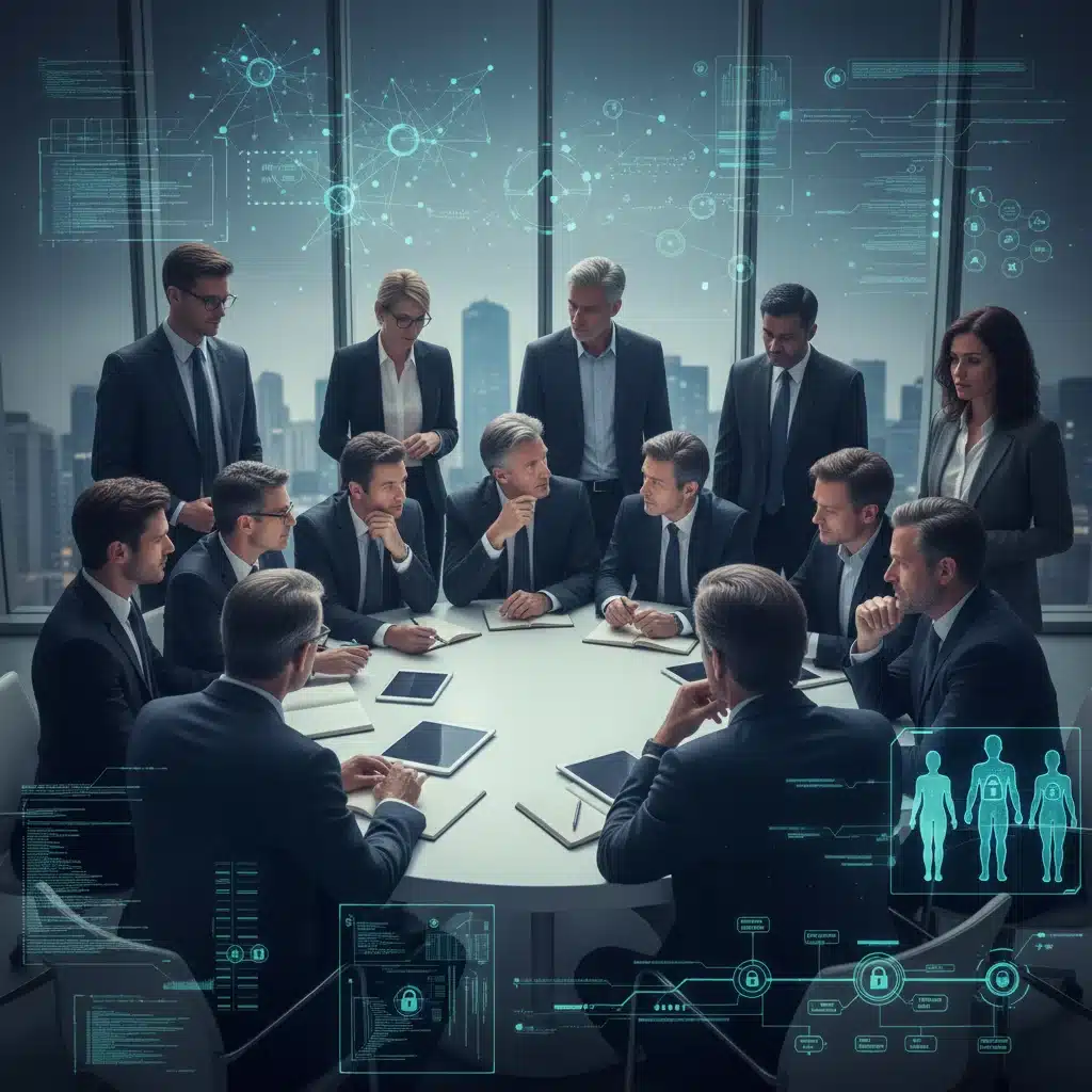 Healthcare policymakers discussing AI governance, data privacy regulations, patient trust, ethical AI