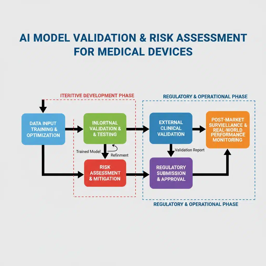 Flowchart depicting AI model validation and risk assessment in MedTech