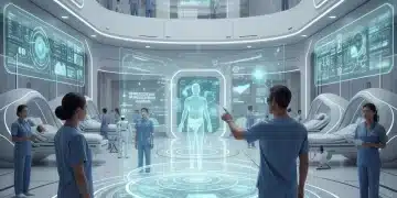 AI-powered predictive analytics dashboard in a modern hospital setting, displaying patient data and risk scores for readmission.
