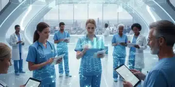 Futuristic interface showing digital health platform connectivity, medical data, and growth charts.