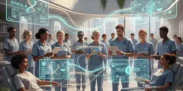 Ethical AI in US healthcare, diverse patients and doctors, transparent algorithms, equitable access