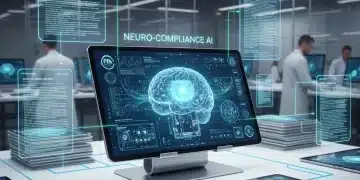 Futuristic AI medical device with data visualizations and regulatory documents