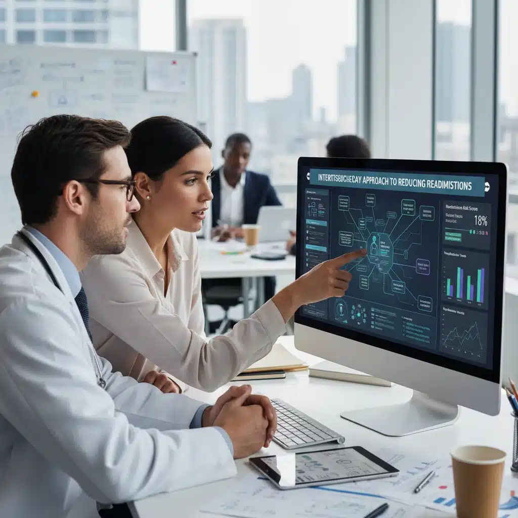 Healthcare professionals collaborating on AI-driven patient risk assessment to prevent hospital readmissions.
