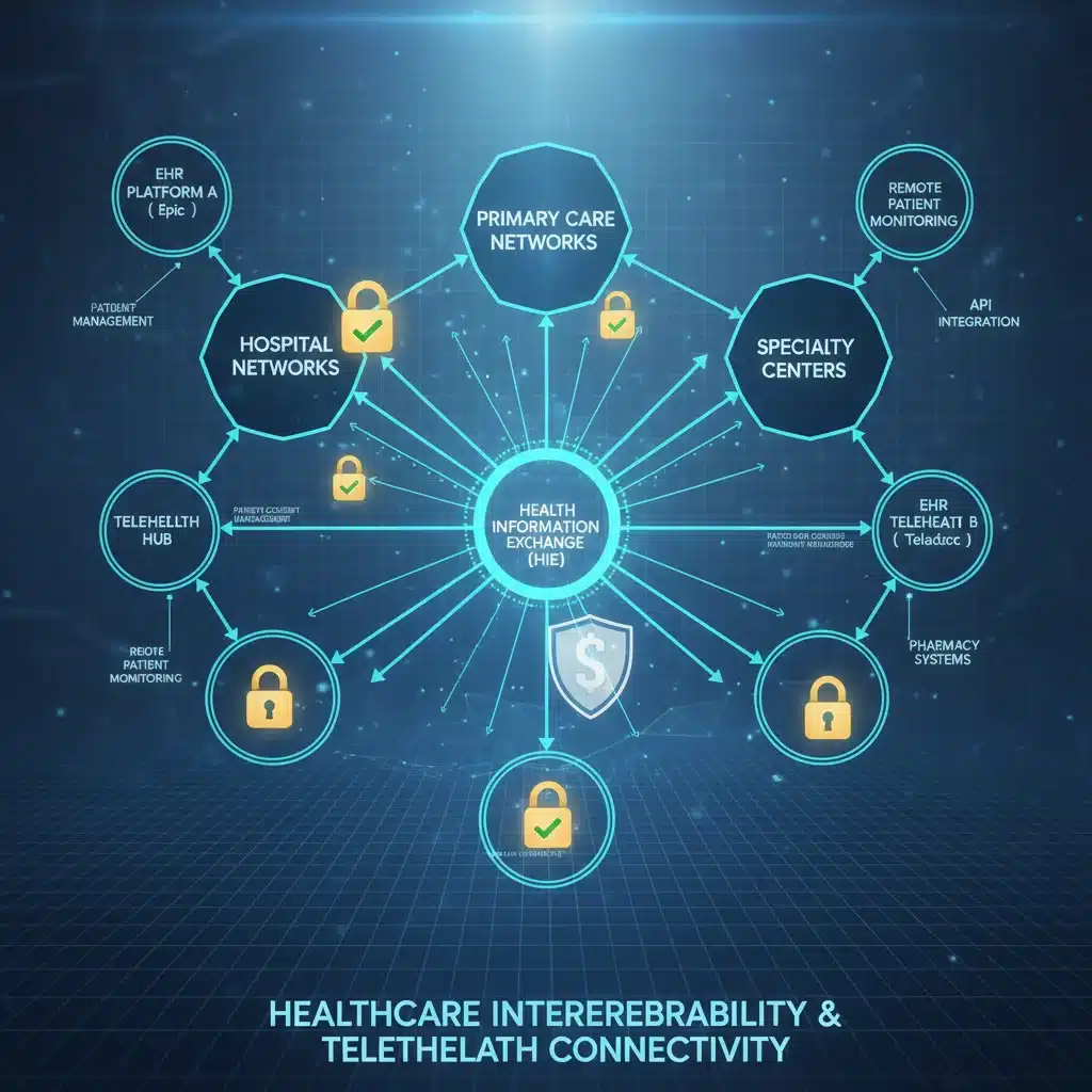 Network diagram showing seamless data exchange between EHRs, telehealth platforms, and healthcare systems, emphasizing secure interoperability.