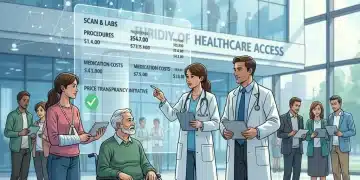 Illustration of healthcare stakeholders reviewing transparent pricing data on digital screens.
