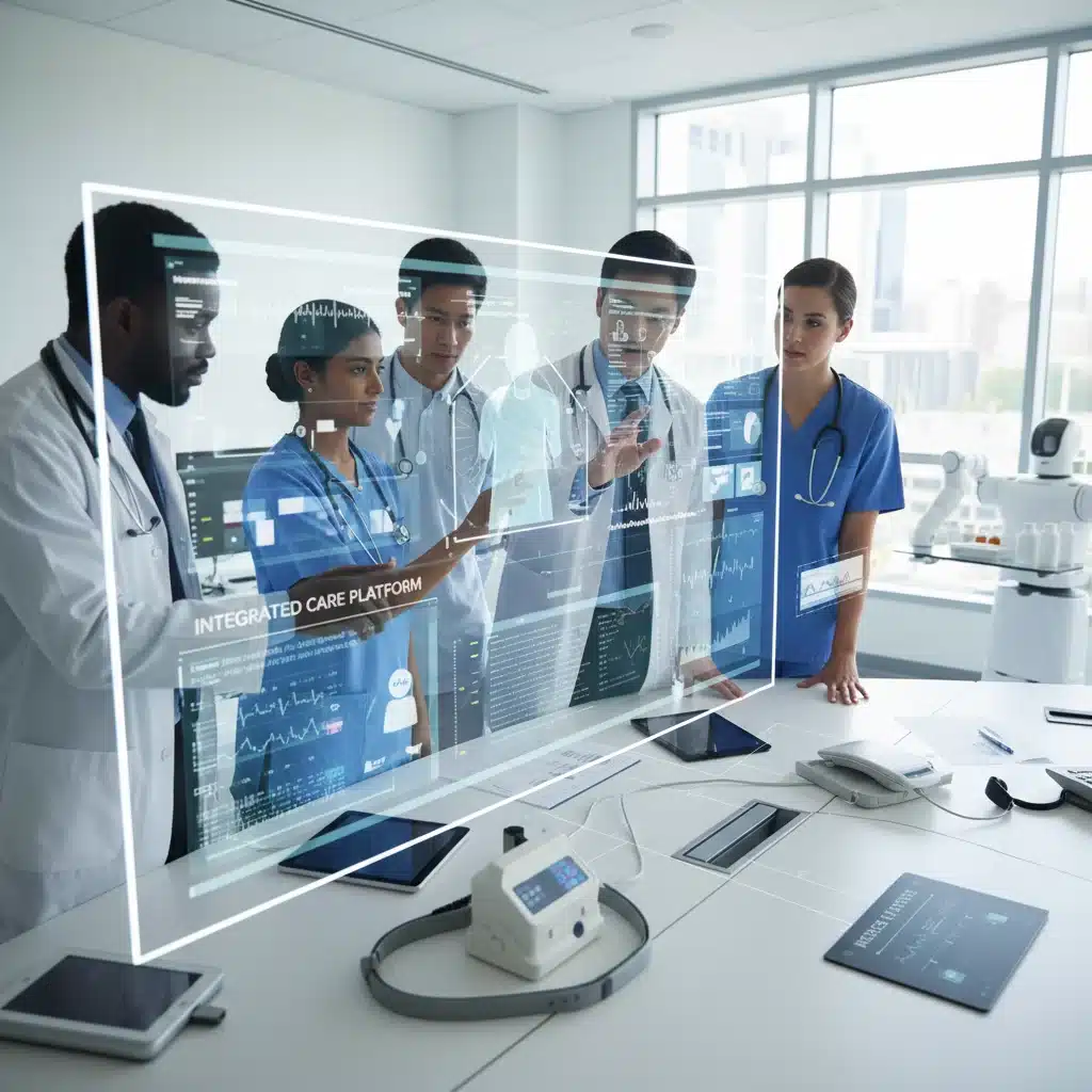 Healthcare team analyzing patient data on an interactive screen, showcasing integrated MedTech.