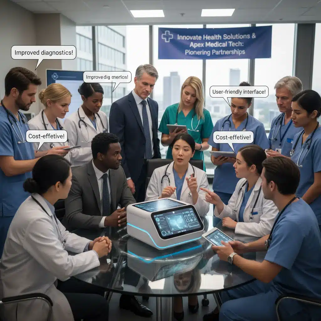 Healthcare professionals engaging with a new MedTech device during a product demonstration, discussing features and benefits.