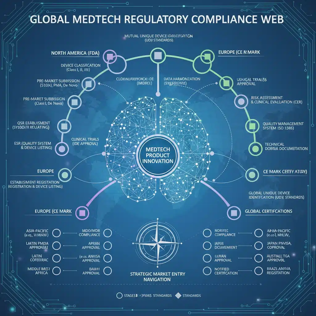 Infographic depicting complex MedTech regulatory pathways and compliance stages for market entry.