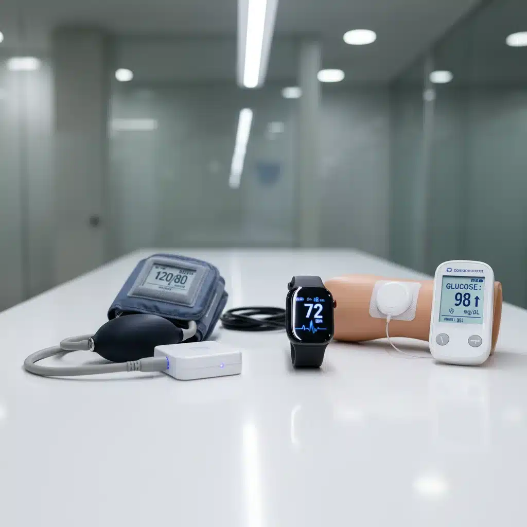 Array of remote patient monitoring devices including smartwatches, blood pressure cuffs, and glucose monitors, showcasing diverse healthcare technology.
