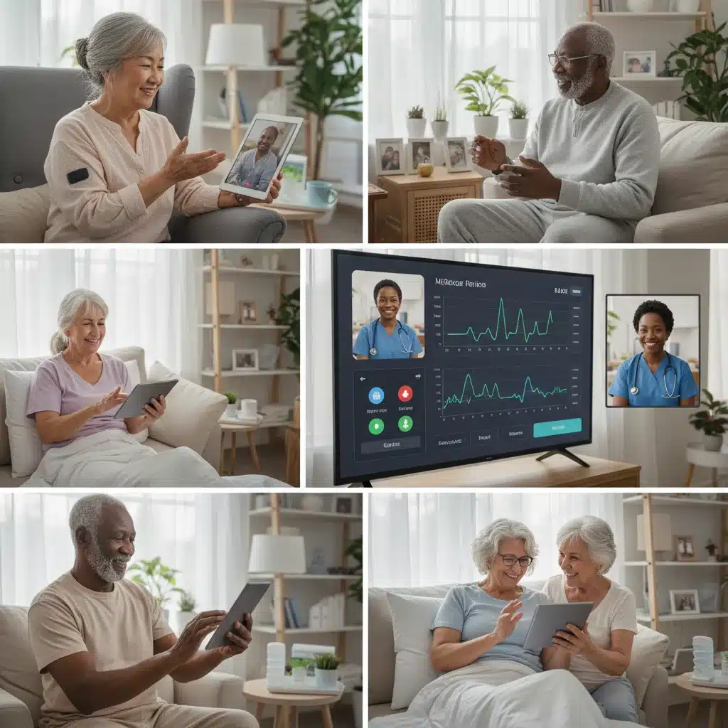 Elderly patients at home using remote patient monitoring systems for virtual consultations and health data tracking, illustrating improved access and convenience.