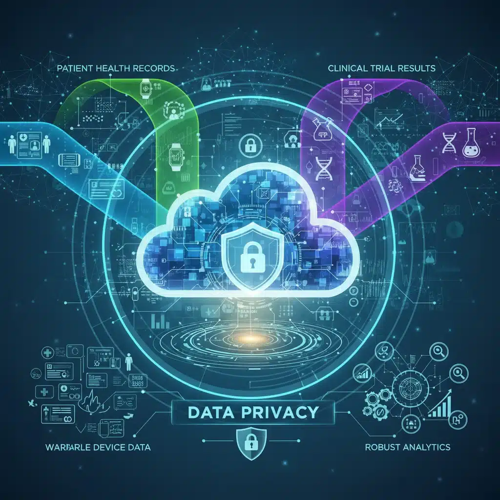 Secure cloud infrastructure processing diverse patient health data for analytics.