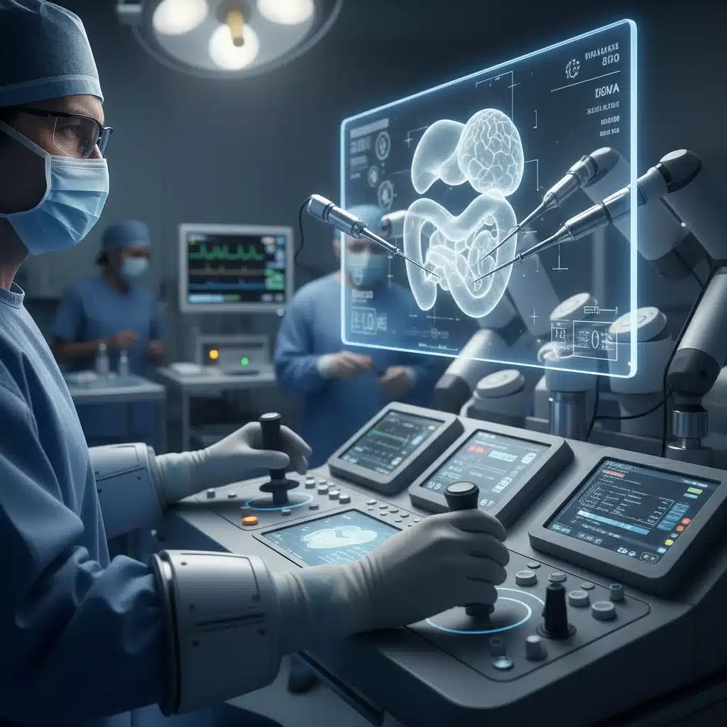 Surgeon operating a robotic console with advanced haptic feedback and 3D display.