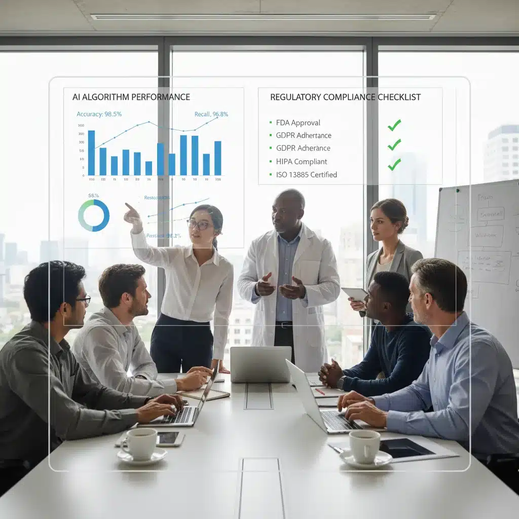 Interdisciplinary team collaborating on AI compliance and performance metrics