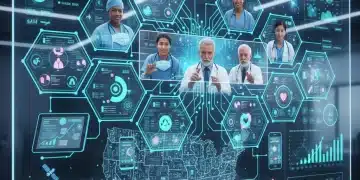 Futuristic digital healthcare interface with interconnected patient data and virtual collaboration among medical professionals, signifying telehealth interoperability by 2026.