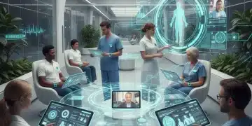 Telehealth MedTech professionals analyzing remote patient monitoring data on screens, with patients using wearable health devices in the background, symbolizing advanced healthcare.