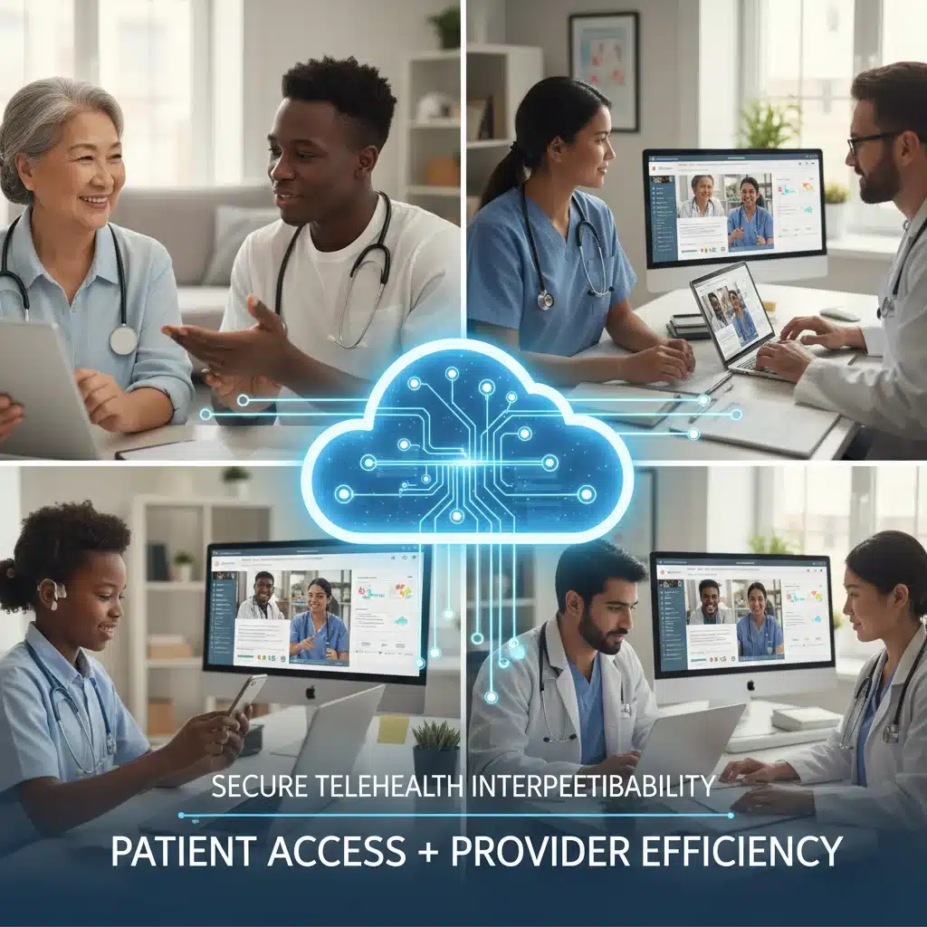 Patients and providers interacting via telehealth on multiple devices, connected by a secure cloud, illustrating improved access and efficiency through interoperability.
