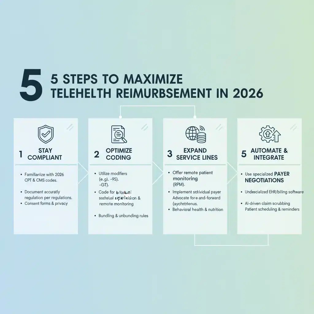 Infographic showing 5 steps to maximize 2026 telehealth reimbursement