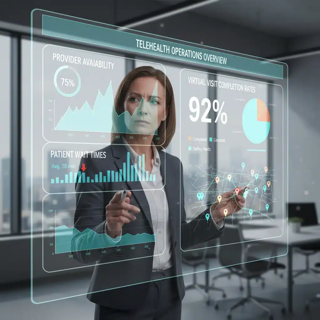 Healthcare administrator reviewing telehealth staffing KPIs
